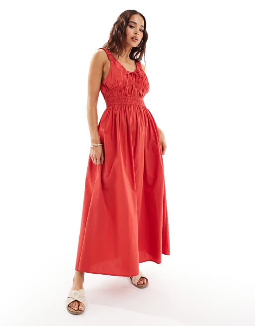 ASOS DESIGN Robe d ete mi longue avec taille froncee et larges bretelles Rouge ASOS