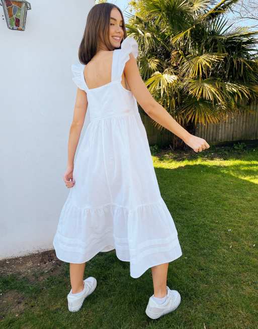 ASOS DESIGN - Robe d'été mi-longue babydoll avec encolure carrée à volants en lin - Blanc, 2 de 4