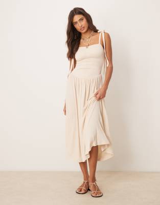 Robe d'été mi-longue effet froissé à bretelles nouées et buste froncé - Taupe-Neutre 46