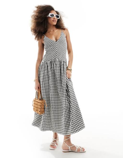 ASOS DESIGN - Robe d'été mi-longue effet froissé à carreaux vichy et jupe ample - Noir et blanc