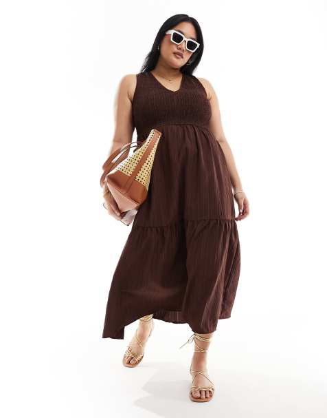 ASOS DESIGN - Robe d'été mi-longue effet froissé à col en V avec jupe à volants - Chocolat - view 1