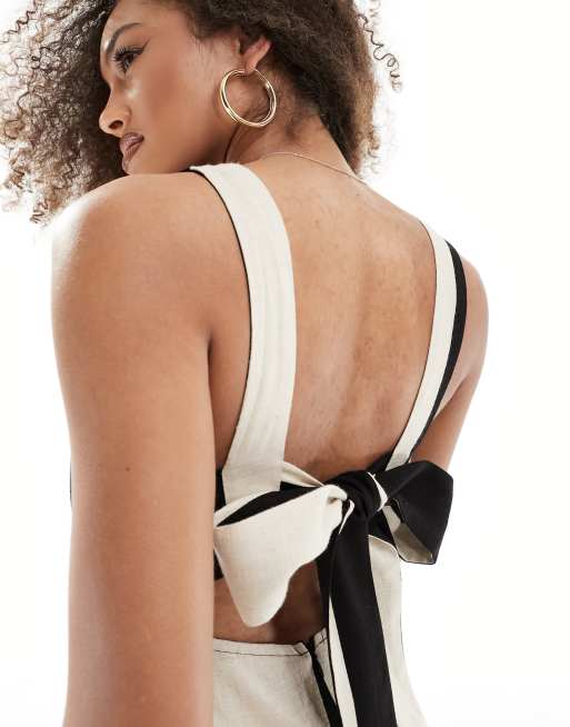 ASOS DESIGN - Robe d'été mi-longue en lin rayé avec encolure carrée et liens noués dans le dos - Noir et blanc, 4 de 4