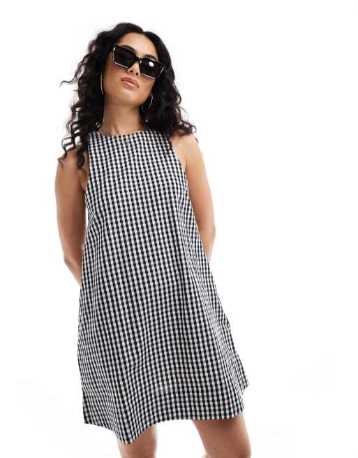 ASOS DESIGN - Robe d'été mi-longue fluide à col montant en lin - Vichy noir et blanc