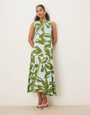 Robe d'été mi-longue sans manches en coton à imprimé fleuri oversize - Vert-Multicolore 38