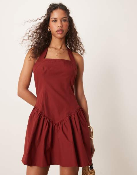 ASOS DESIGN - Robe dos-nu courte avec ourlet volanté - Bordeaux - view 1