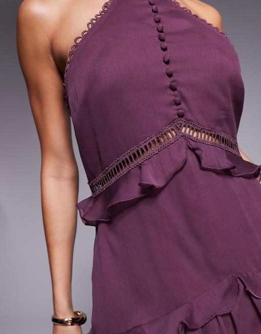 ASOS DESIGN - Robe dos nu courte avec volants étagés et empiècement en dentelle - Aubergine, 2 de 4