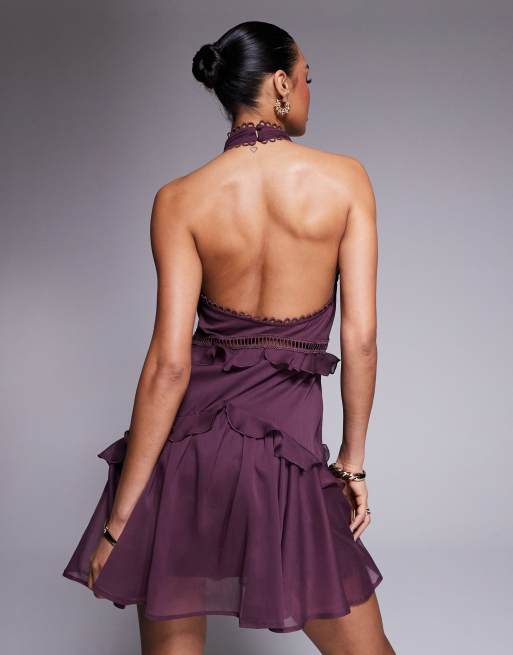 ASOS DESIGN - Robe dos nu courte avec volants étagés et empiècement en dentelle - Aubergine, 3 de 4