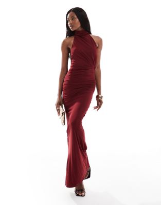ASOS DESIGN - Robe dos nu longue en tulle avec encolure nouée à l'arrière et corsage effet torsadé - Lie-de-vin-Rouge