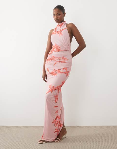 ASOS DESIGN - Robe dos nu longue en tulle avec encolure nouée à l'arrière et corsage effet torsadé - Rose à fleurs - view 1