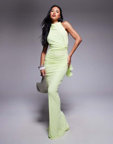 ASOS DESIGN - Robe dos nu longue en tulle avec encolure nouée au dos et détail torsadé sur le buste - Pistache - view 1