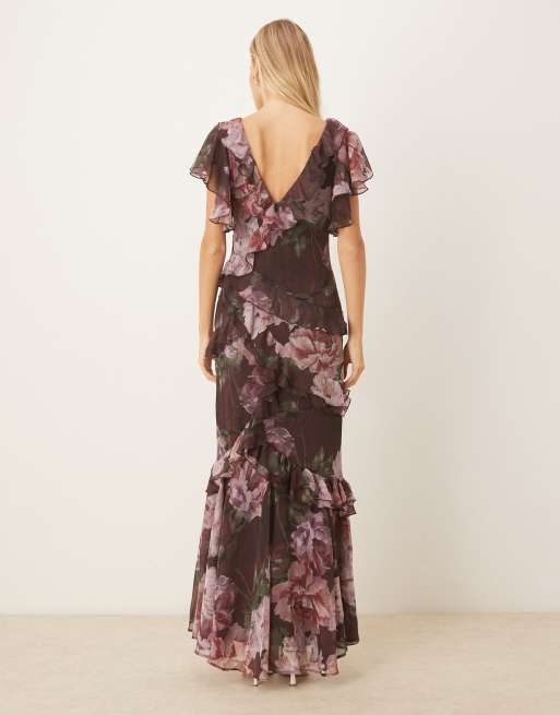 ASOS DESIGN - Robe dos-nu volantée longue à imprimé fleuri foncé avec ourlet asymétrique et bords bruts, 3 de 4