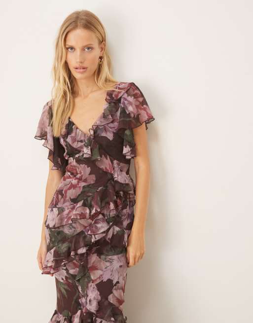 ASOS DESIGN - Robe dos-nu volantée longue à imprimé fleuri foncé avec ourlet asymétrique et bords bruts, 4 de 4