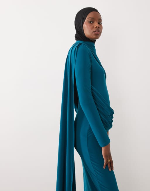 ASOS DESIGN - Robe drapée longue à manches longues coupe près du corps - Sarcelle, 2 de 4