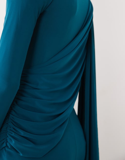 ASOS DESIGN - Robe drapée longue à manches longues coupe près du corps - Sarcelle, 3 de 4