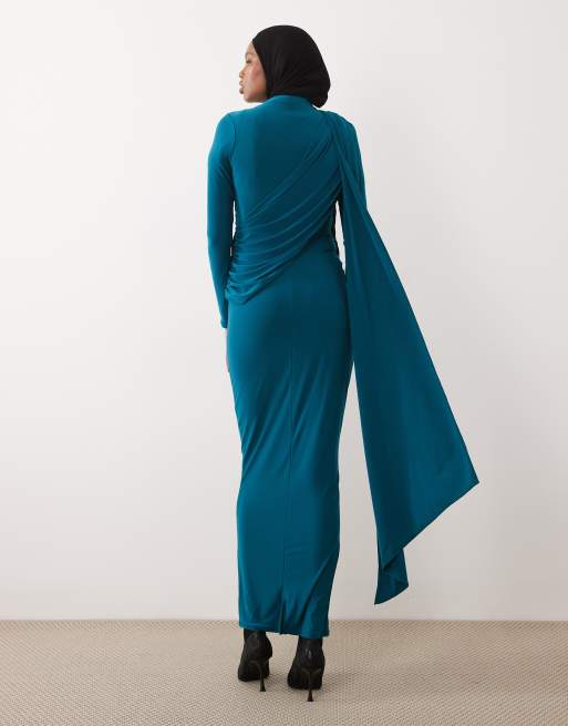 ASOS DESIGN - Robe drapée longue à manches longues coupe près du corps - Sarcelle, 4 de 4