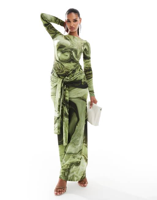 ASOS DESIGN - Robe drapée longue avec détail noué à l'avant et imprimé tourbillon - Vert