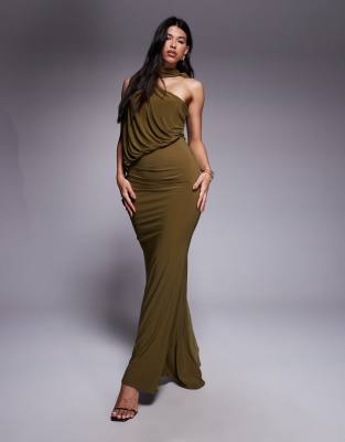 Robe drapée longue et asymétrique avec détail cape - Kaki-Vert 42