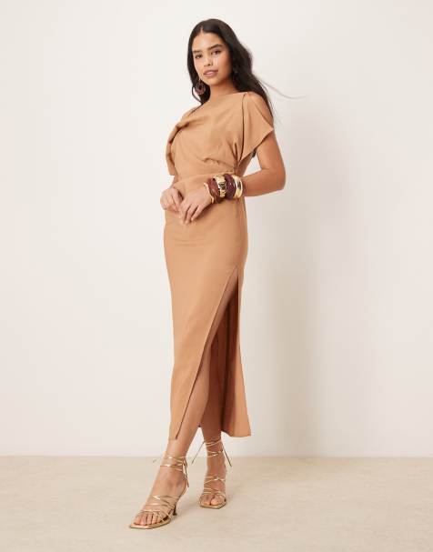 ASOS DESIGN - Robe drapée longueur mollet à encolure carrée - Tabac - view 1