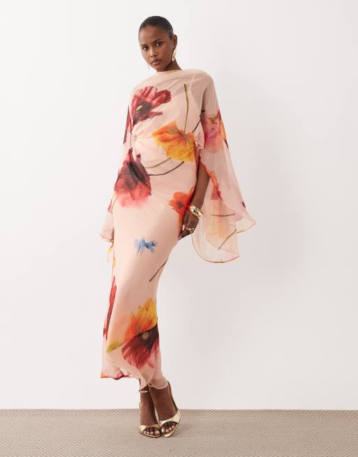 ASOS DESIGN - Robe drapée longueur mollet à manches kimono et dos ouvert - Imprimé multicolore