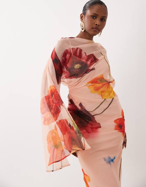 ASOS DESIGN - Robe drapée longueur mollet à manches kimono et dos ouvert - Imprimé multicolore, 2 de 4