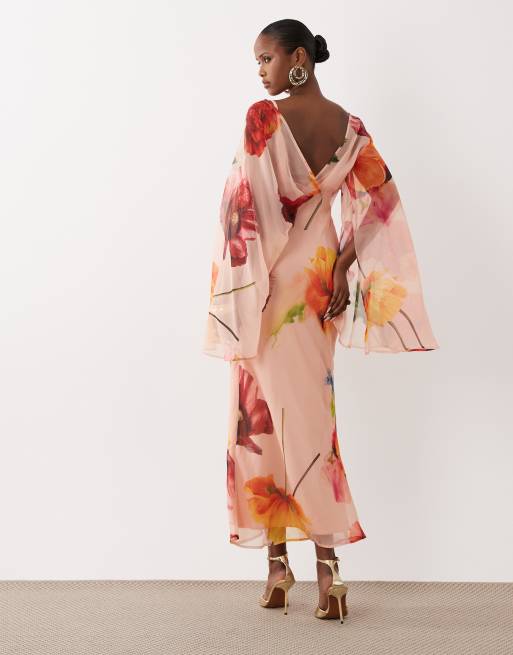 ASOS DESIGN - Robe drapée longueur mollet à manches kimono et dos ouvert - Imprimé multicolore, 4 de 4