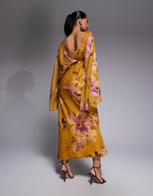 ASOS DESIGN - Robe drapée longueur mollet à manches kimono et dos ouvert - Jaune fleuri, 2 de 4