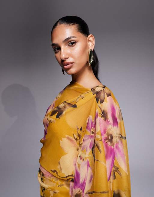 ASOS DESIGN - Robe drapée longueur mollet à manches kimono et dos ouvert - Jaune fleuri, 3 de 4