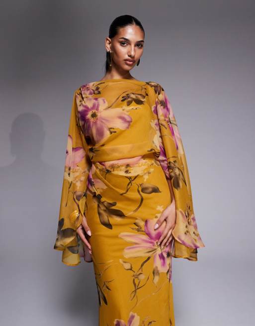 ASOS DESIGN - Robe drapée longueur mollet à manches kimono et dos ouvert - Jaune fleuri, 4 de 4