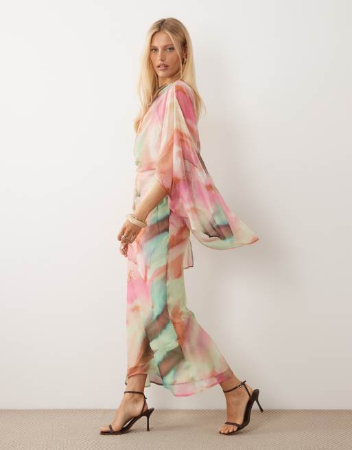 ASOS DESIGN - Robe drapée longueur mollet motif abstrait à manches kimono et dos ouvert - Multicolore style aquarelle