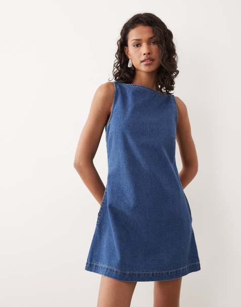 ASOS DESIGN - Robe droite ajustée et évasée en jean - Bleu moyen - view 1