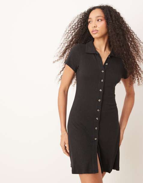 ASOS DESIGN - Robe droite courte à col boutonnée devant et à mancherons - Noir - view 1