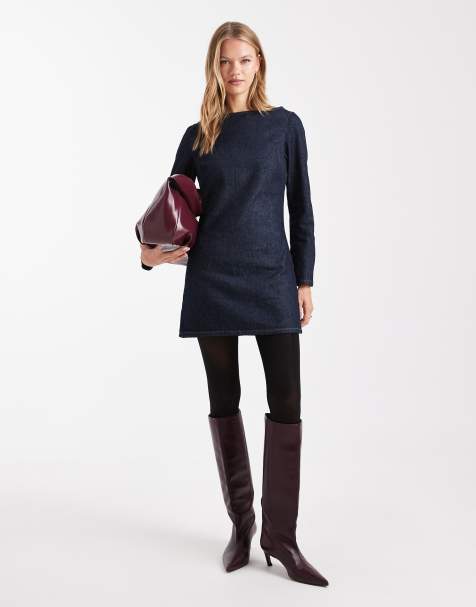 ASOS DESIGN - Robe droite courte en jean à manches longues - Délavage brut - view 1