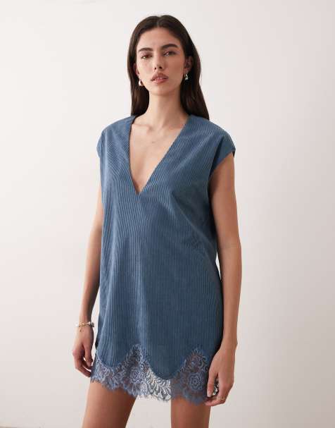 ASOS DESIGN - Robe droite courte en velours côtelé avec bord en dentelle - Bleu denim - view 1