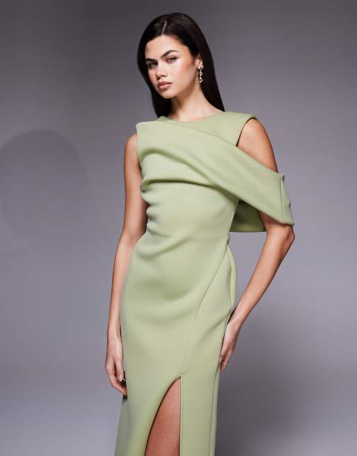 ASOS DESIGN - Robe droite drapée en imitation néoprène à épaule tombante et découpes - Vert sauge, 3 de 4