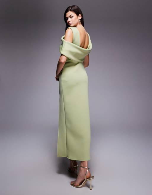 ASOS DESIGN - Robe droite drapée en imitation néoprène à épaule tombante et découpes - Vert sauge, 4 de 4