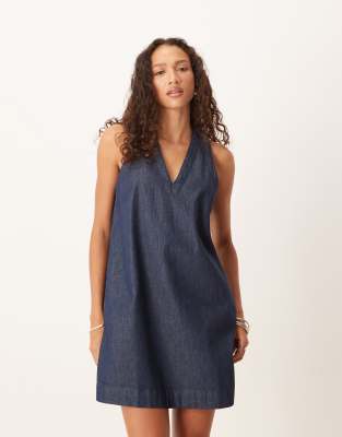 Robe droite en denim à col en V - Bleu délavé 34