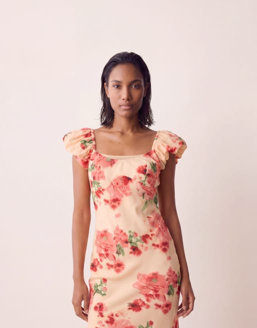 ASOS DESIGN - Robe droite en tissu double épaisseur avec manches volantées et imprimé fleuri - Orange, 4 de 4