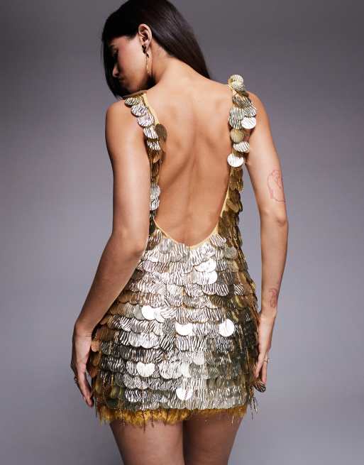 ASOS DESIGN - Robe droite et ornée de sequins ronds avec encolure incurvée et doublure en dentelle - Doré, 4 de 4