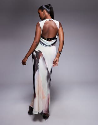 ASOS DESIGN - Robe droite longue drapée à col montant et décolleté bénitier dans le dos avec lanière style ceinture - Imprimé abstrait flouté-Multicolore