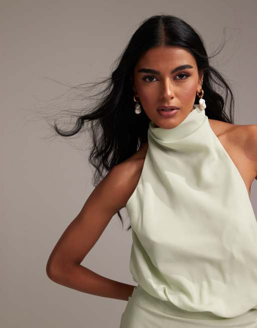 ASOS DESIGN - Robe droite longue en crêpe effet drapé à encolure américaine - Vert clair, 2 de 5