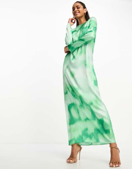 ASOS DESIGN Robe droite longue en satin imprim marbr Vert