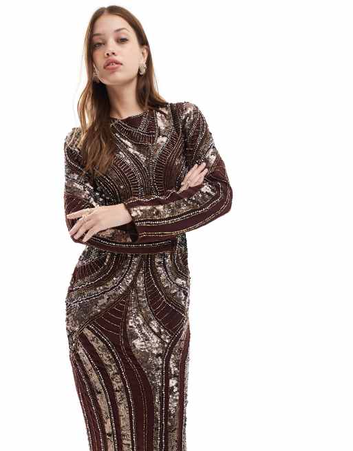 ASOS DESIGN - Robe droite longue entièrement ornementée à manches longues - Bordeaux, 2 de 4