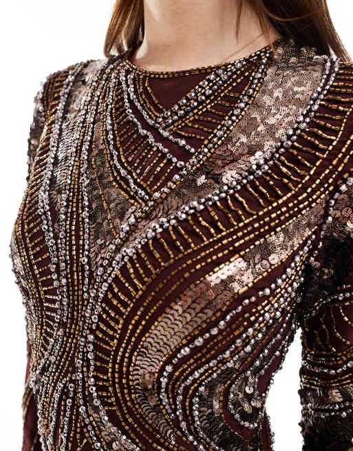 ASOS DESIGN - Robe droite longue entièrement ornementée à manches longues - Bordeaux, 3 de 4
