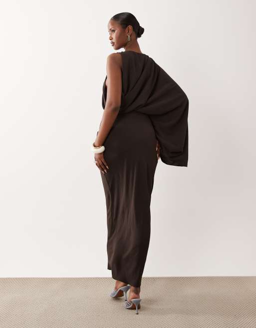 ASOS DESIGN - Robe droite longue et asymétrique avec détail drapé au dos - Chocolat, 4 de 4