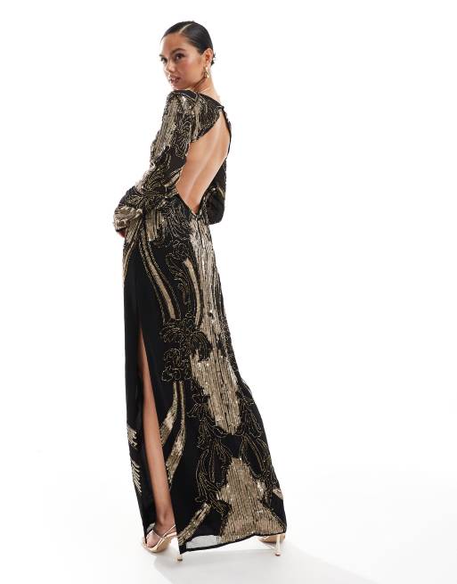 ASOS DESIGN - Robe droite longue ornementée à manches longues transparentes et dos ouvert - Noir et doré, 2 de 4