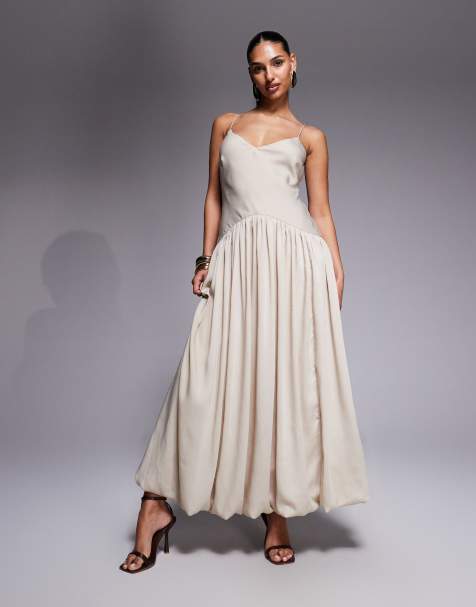 ASOS DESIGN - Robe droite mi-longue en satin coupé en biais avec ourlet bouffant - Taupe - view 1