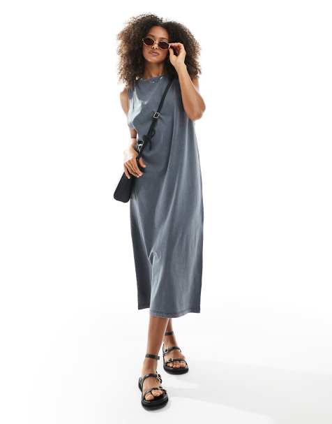 ASOS DESIGN - Robe droite mi-longue sans manches à épaules torsadées - Gris délavé - view 1