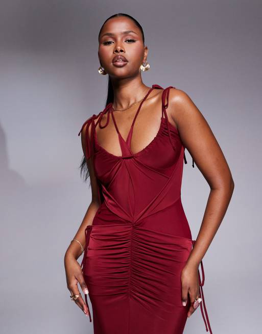 ASOS DESIGN - Robe du soir en mousseline et tulle avec ourlet asymétrique - Bordeaux, 3 de 4