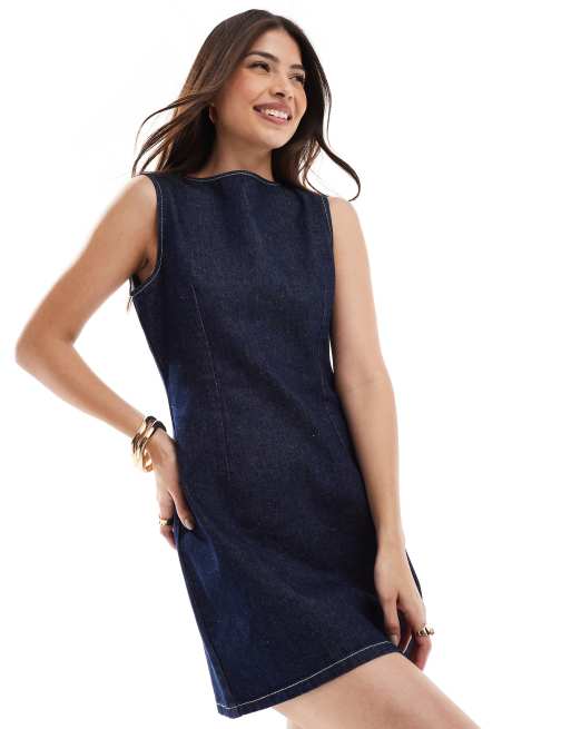 ASOS DESIGN - Robe en denim à encolure bateau - Indigo