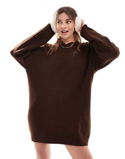 ASOS DESIGN - Robe en maille duveteuse à col en V - Marron chocolat - view 1